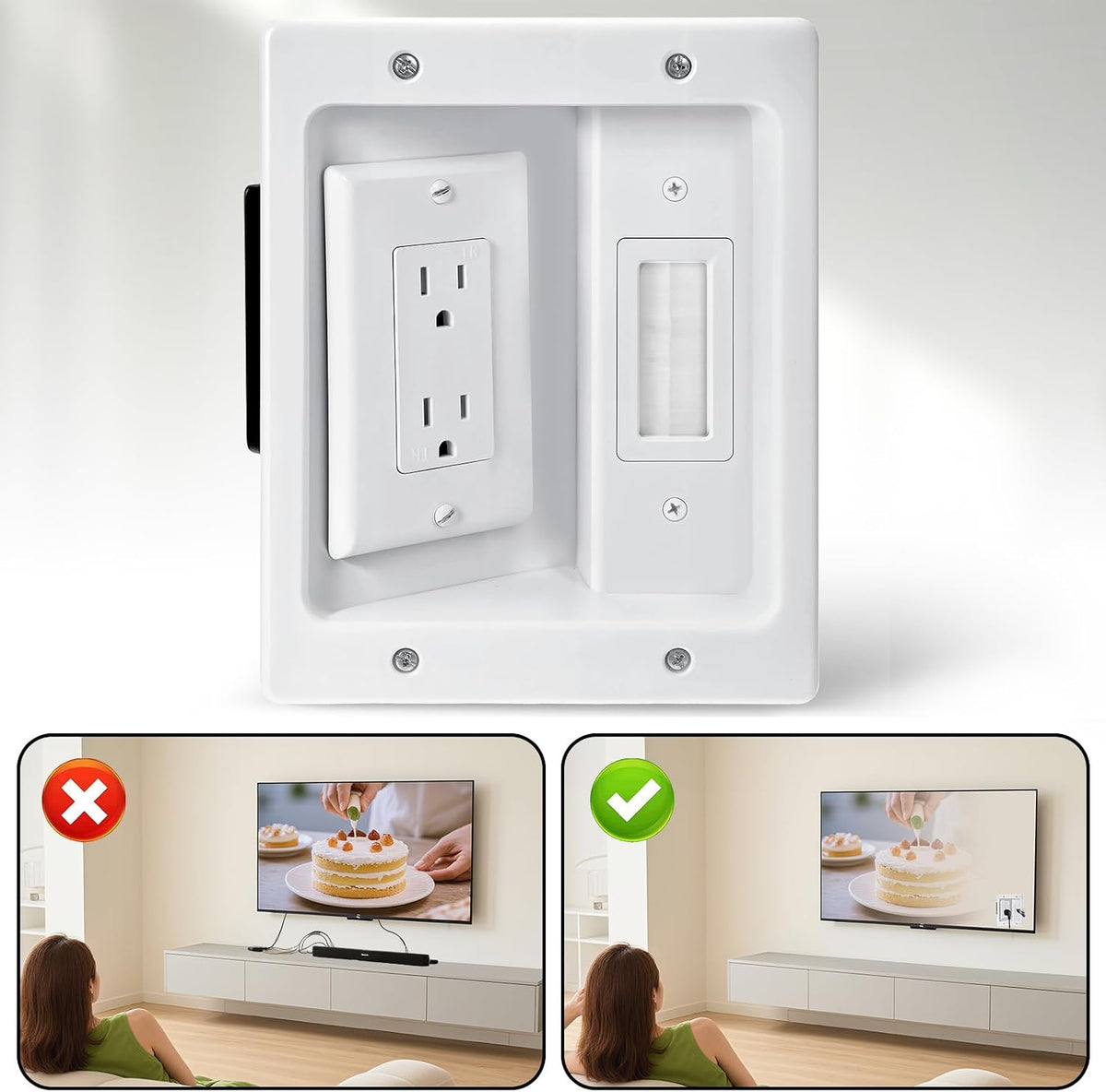 Recessed TV Outlet Box, Dual Outlet Power Cable Management Outlets in Wall Media Box, Low Voltage Wires Hider Kit Electrical Accessories for Saving Home Theater & Office Space