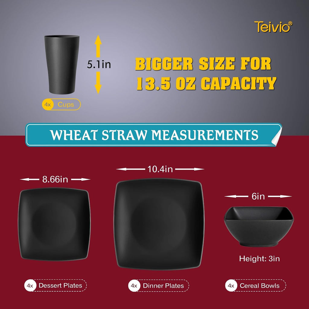 Teivio 16 piece Plastic Plates and Bowl Set for 4, Square Dinnerware Set