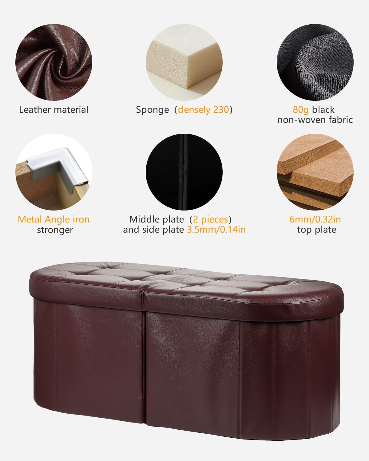 AmasSmile Oval Ottoman Storage Bench,34" Leather Folding Rest Chest,Brown