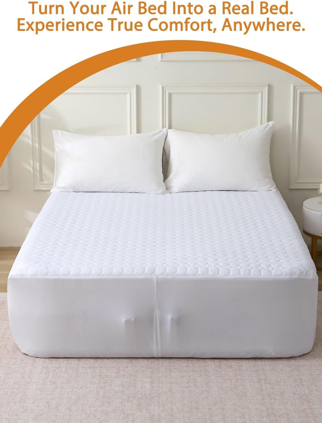 Bedecor Quilted Air Mattress Pad, Pump Access Zipper, Queen, White Oval