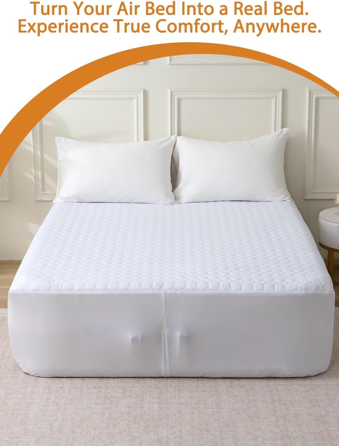 Bedecor Quilted Air Mattress Pad, Pump Access Zipper, Queen, White Oval