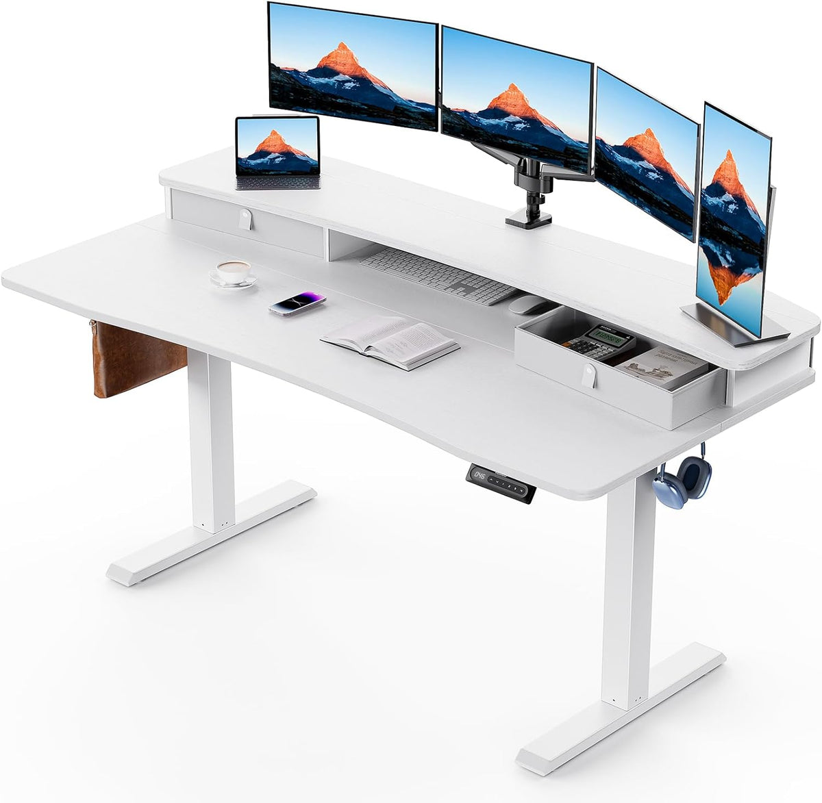 HUANUO 48″ x 24″ Electric Standing Desk with 2 Drawers, C-Clamp Mount Compatible, Height Adjustable Computer Desk, Home Office Stand Up Desk with 4 Preset Heights & 2 Hooks, Black