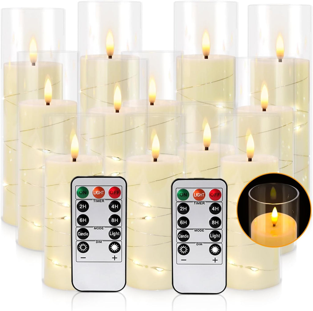 YOROXRG Flickering Flameless Candles Battery Operated with Remote, LED Pillar Candles with Realistic Moving Wick for Halloween, Christmas, Home Decor Pack of 12 (D2.2 x H 5" 6" 7") Ivory