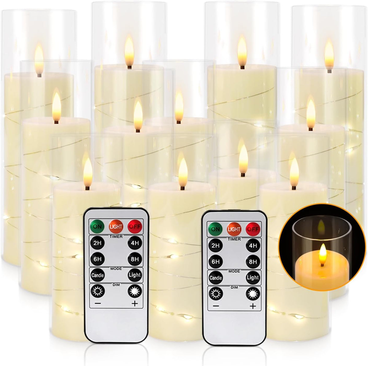 YOROXRG Flickering Flameless Candles Battery Operated with Remote, LED Pillar Candles with Realistic Moving Wick for Halloween, Christmas, Home Decor Pack of 12 (D2.2 x H 5" 6" 7") Ivory