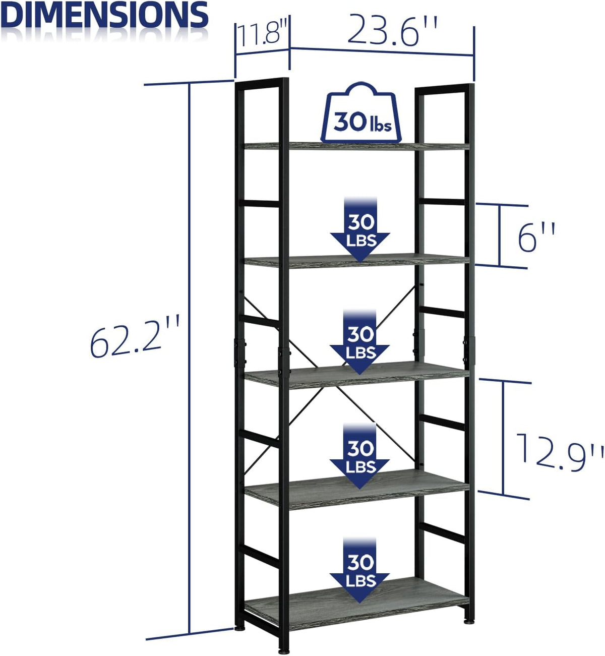 NUMENN 5 Tier Bookshelf, Tall Freestanding Open Storage Bookcase, Dark Grey