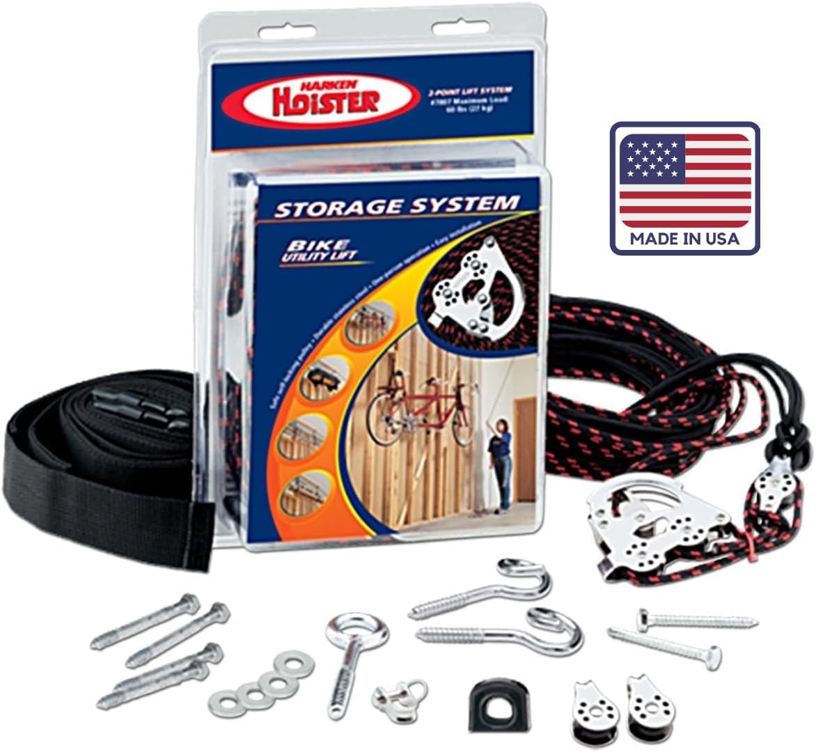 HARKEN Ceiling Mounted Garage Storage Pulley System Racks for Bikes, Boxes, 45lb Max, 16ft, 7800.16