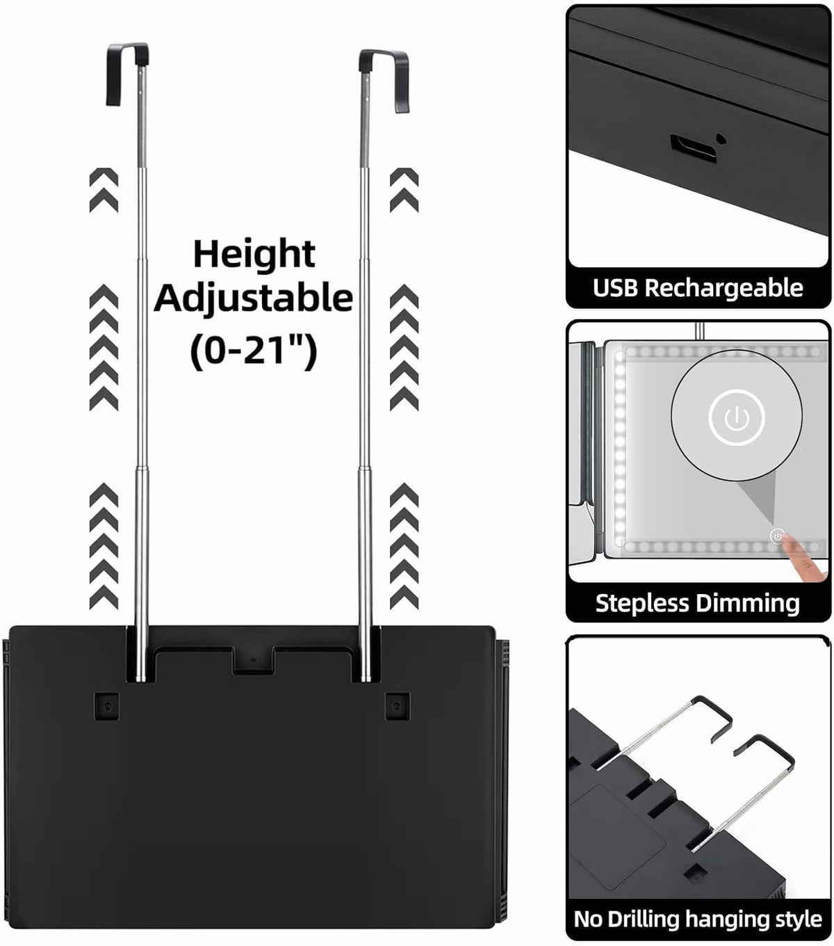 Vanexiss Rechargeable 3 Way Mirror with Lights & Hook for Self Hair Cutting