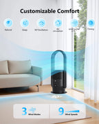 ULTTY Bladeless Tower Fan and Air Purifier Combo, Quiet Oscillating Fan with Remote & Touch Control, 9 Speeds, 8H Timer, HEPA Air Filter, Safe Floor Fan for Bedroom Home Office Black, 23.5"inch