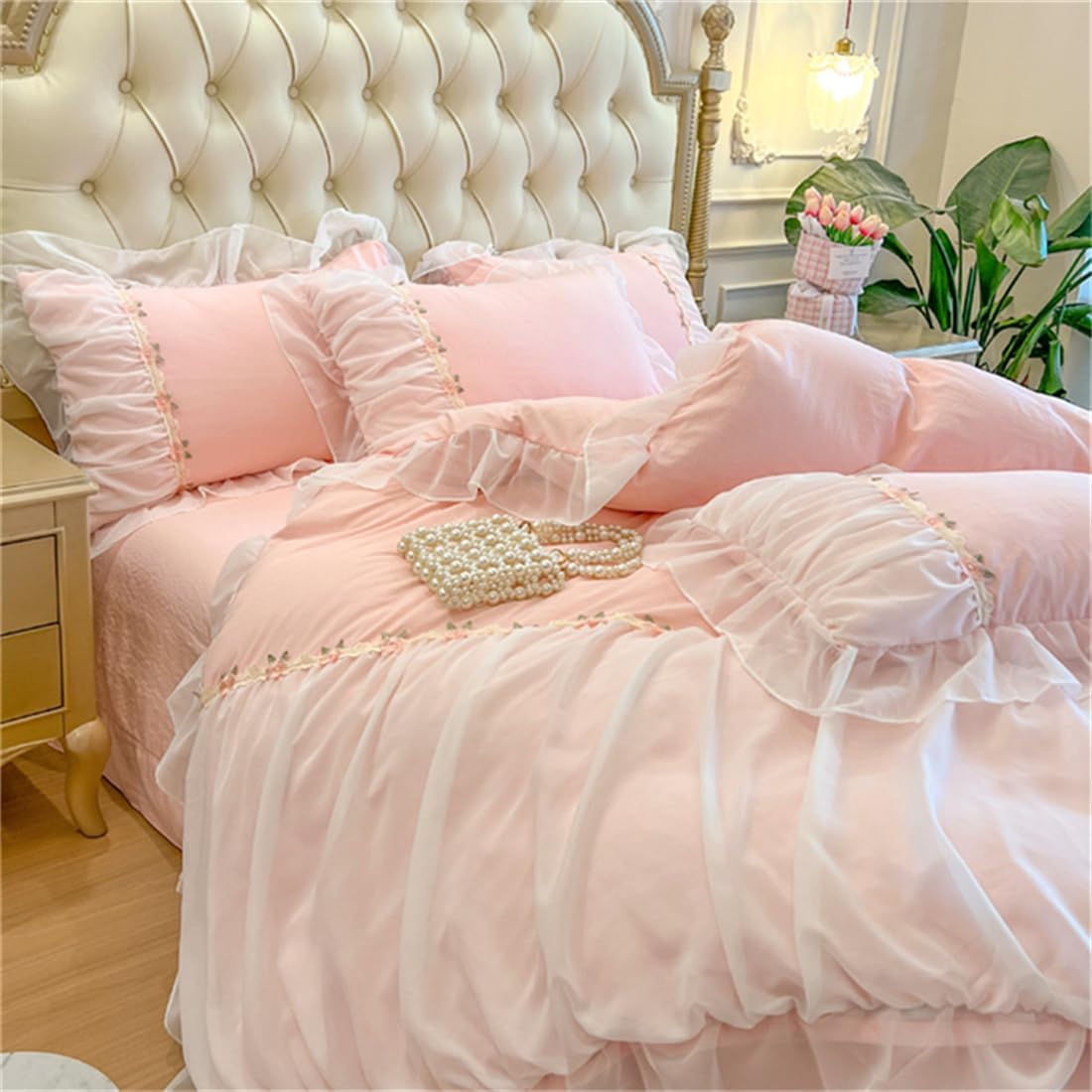 MOOWOO Pink Bedding-Romantic Ruffle Lace Bedding Set 2 Piece Comforter Twin Duvet Cover with Zipper Closure,Aesthetic Room Decor for Girls-Pink,Twin Size