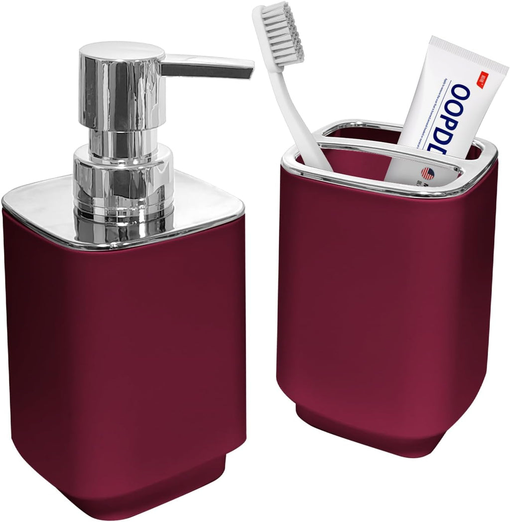 4Pcs Burgundy Bathroom Set, Square Boho Soap & Toothbrush Holder Set