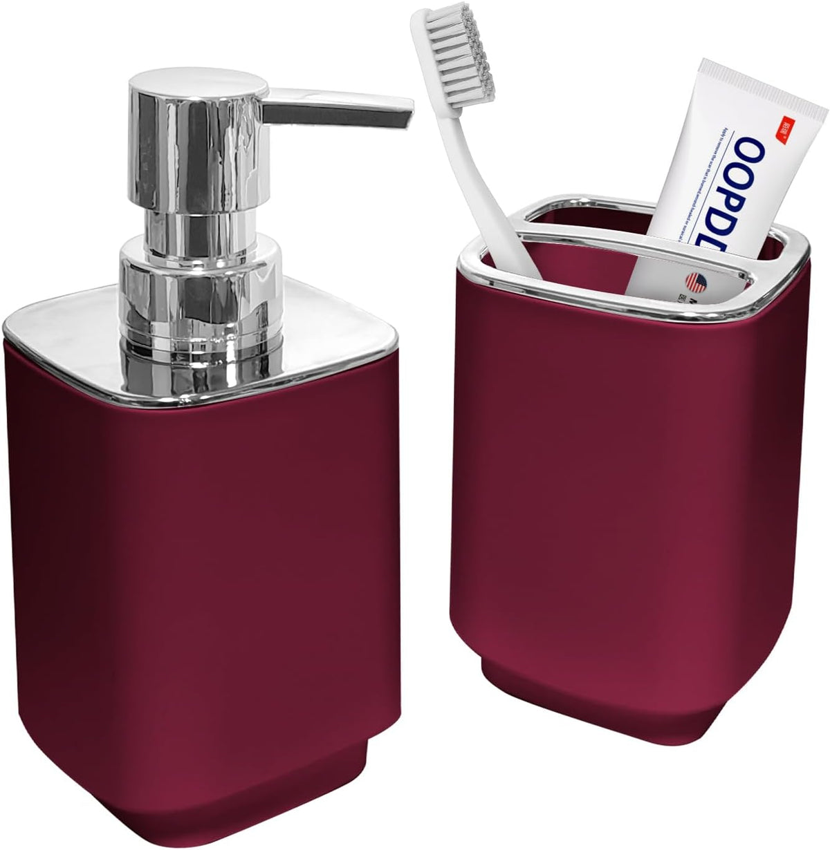 4Pcs Burgundy Bathroom Set, Square Boho Soap & Toothbrush Holder Set