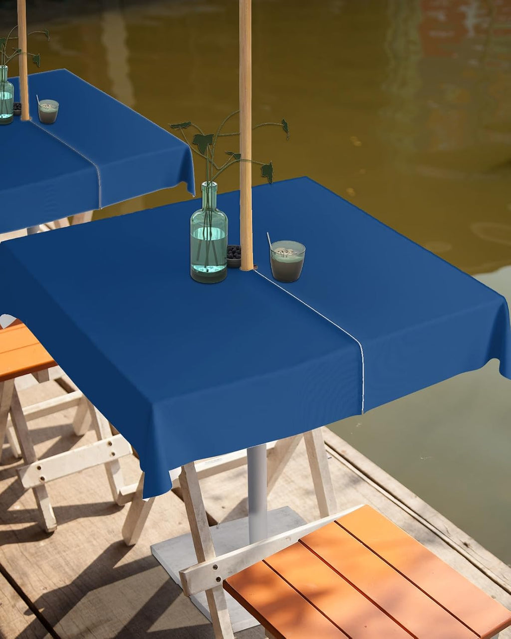QueenKer Navy Blue Solid Color Table Cover forOutdoor Tablecloth with Umbrella Hole and Zipper, Square Tables Waterproof Tabletop Collection for Patio, Garden, Picnic, Camping 54 x 54 inch