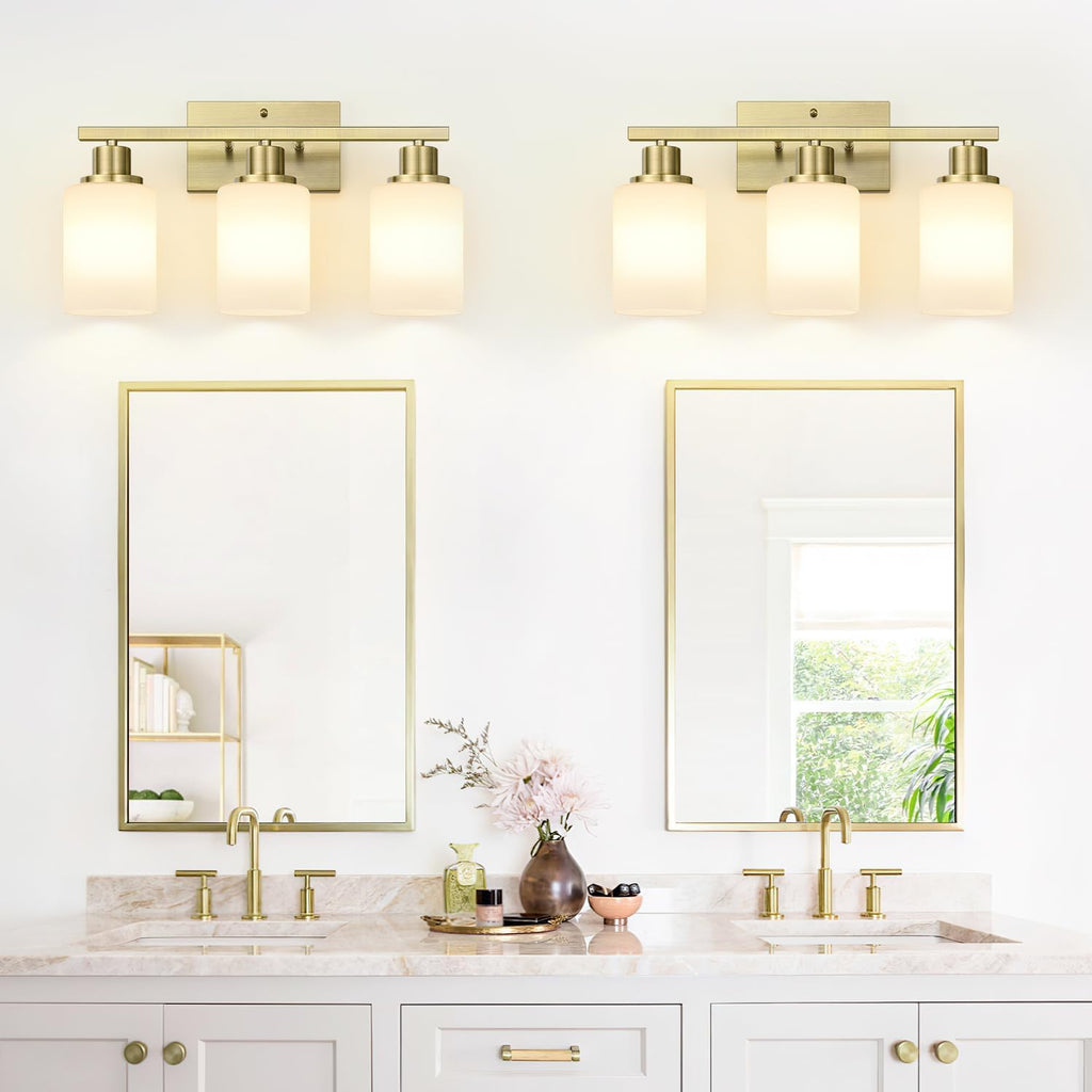 MOKATNG 3-Light Bathroom Light Fixtures, Aged Brass Vanity Light with Milky White Shades, Bathroom Lighting Fixtures Over Mirror, Modern Bathroom Wall Lamp for Mirror Living Room Cabinet Bedroom