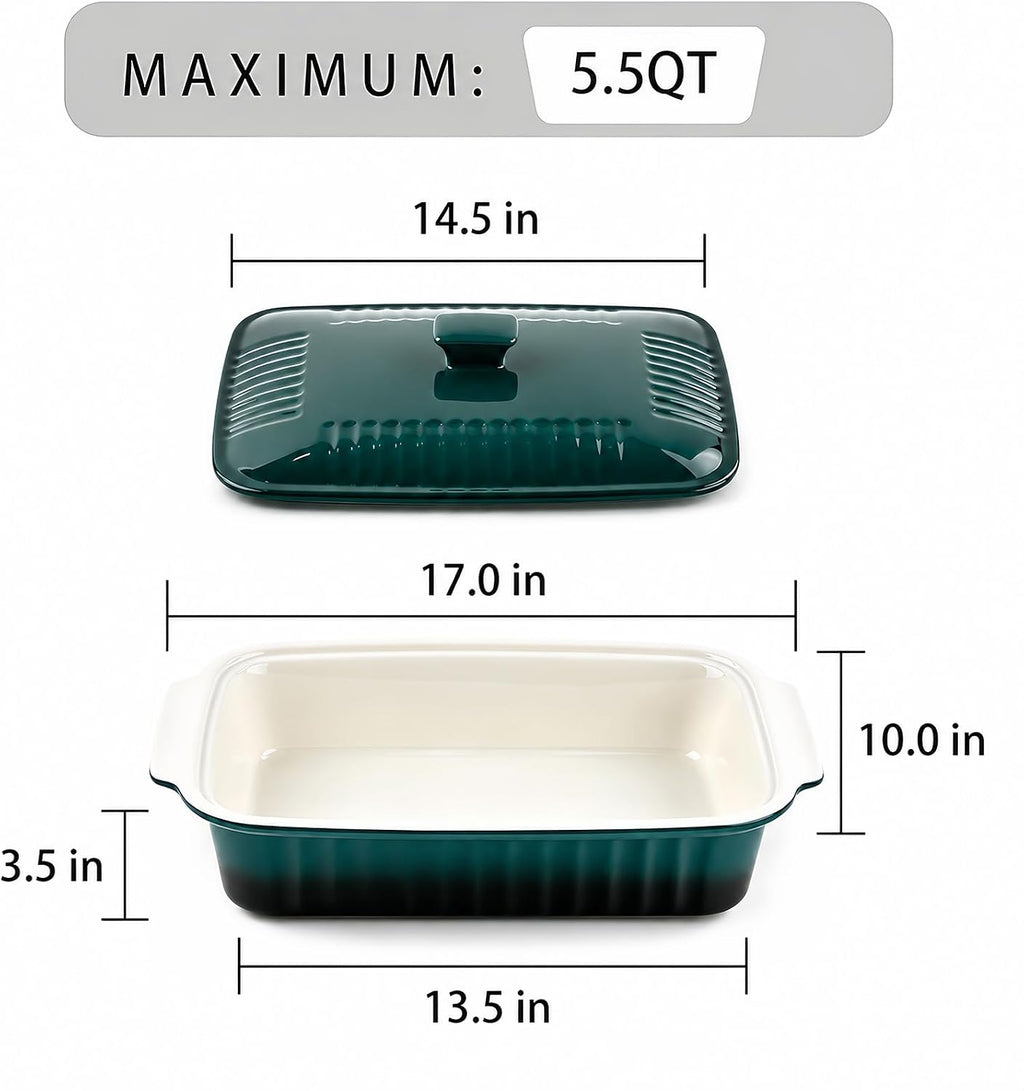 Large Baking Dish with Lid,5.5 Quart Lasagna Pan with Lid, 13.5x9 inch Ceramic Casserole Dish with Lid, Microwave, Dishwasher Safe