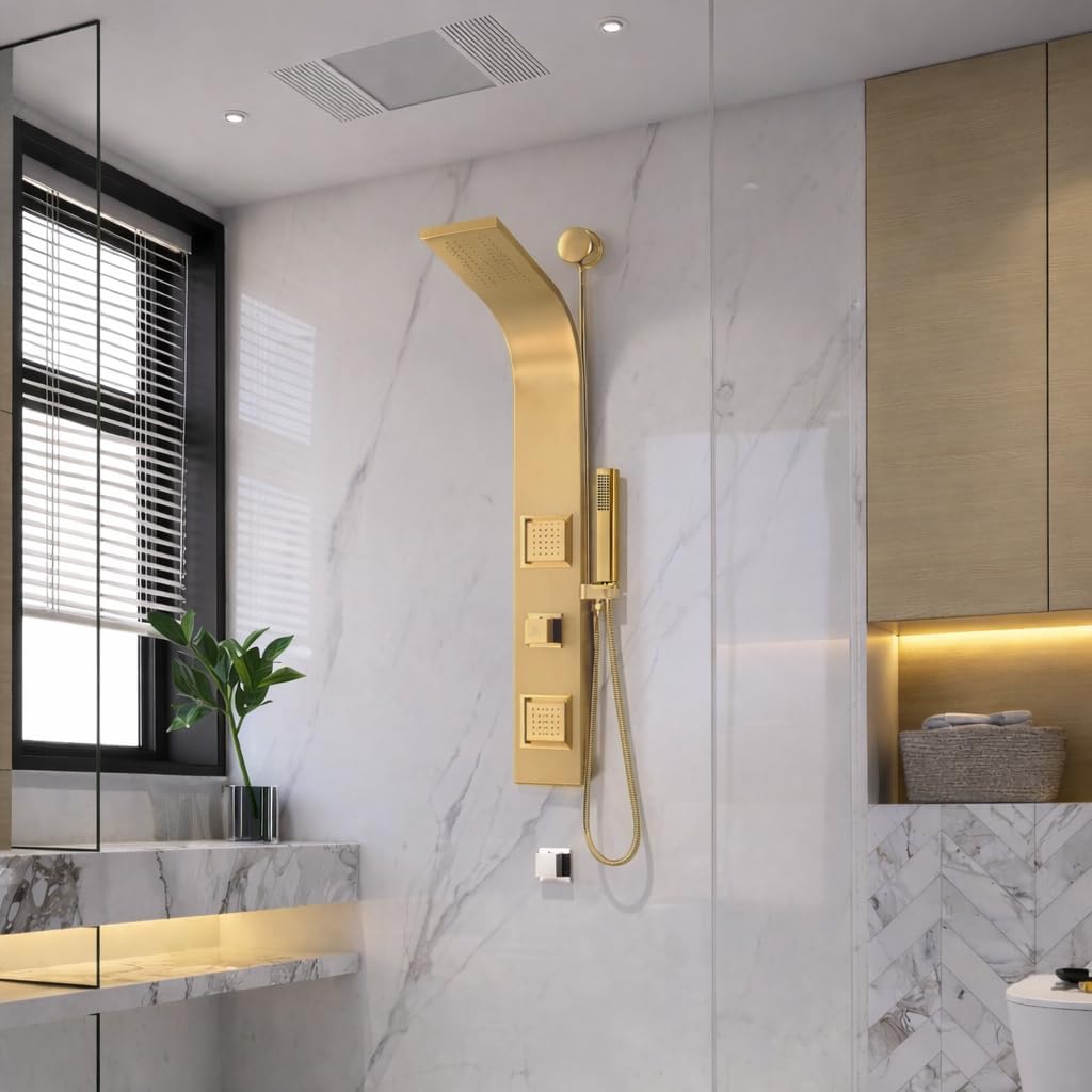 ANZZI 39" Shower Panel, Brushed Gold, Jetted