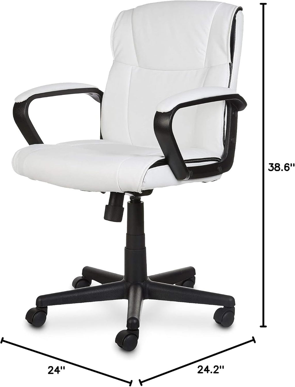 Amazon Basics Office Task Chair with Adjustable Height, 360° Swivel, Padded Armrests, Mid-Back, 275 Pound Capacity, BIFMA Certified, 24.2"D x 24"W x 38.6"H, White Faux Leather