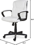 Amazon Basics Office Task Chair with Adjustable Height, 360° Swivel, Padded Armrests, Mid-Back, 275 Pound Capacity, BIFMA Certified, 24.2"D x 24"W x 38.6"H, White Faux Leather