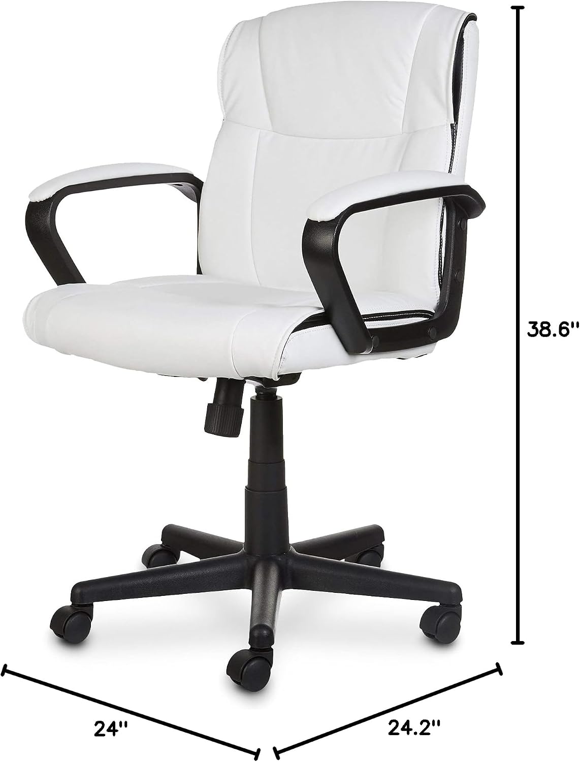 Amazon Basics Office Task Chair with Adjustable Height, 360° Swivel, Padded Armrests, Mid-Back, 275 Pound Capacity, BIFMA Certified, 24.2"D x 24"W x 38.6"H, White Faux Leather