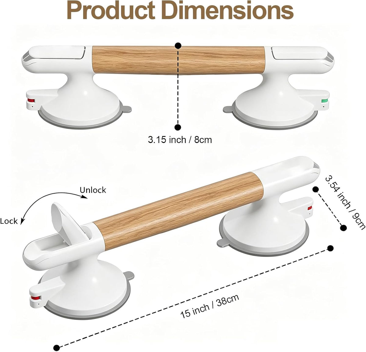 2 Pack Grab Bars For Shower, 15'' Suction Cup Shower Handle for Seniors