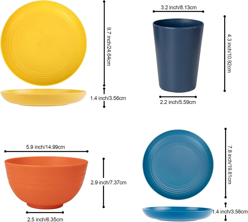 LIYH 48Pcs Multicolor Wheat Straw Dinnerware Set Plates And Bowls For 12