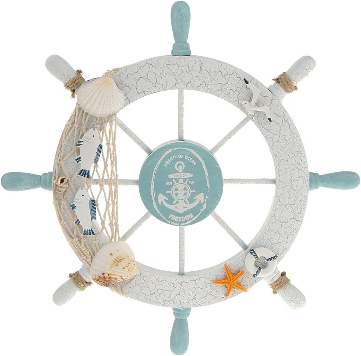 Rienar Nautical Beach Wooden Boat Ship Steering Wheel Fishing Net Shell Fish Coastal Ocean Home Wall Décor(11" Diameter)