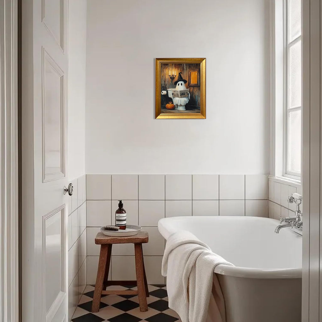 Vintage Golden Framed Halloween Bathroom Print Funny Ghost on Toilet Wall Art Rustic Spooky Halloween Bathroom Wall Decor