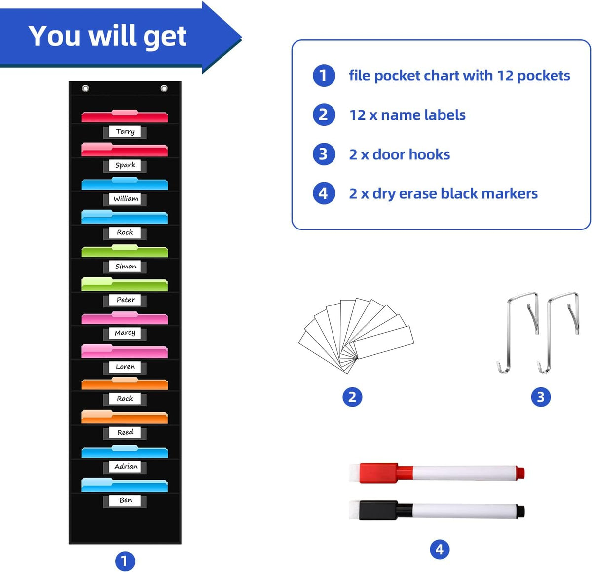 REGELETO 12 Pockets File Storage Pocket Chart with 12 Nametag Pockets,Hanging Wall File Organizer for Classroom and Office, Organize Your Assignments, Files, Scrapbooks, Paper (Black)