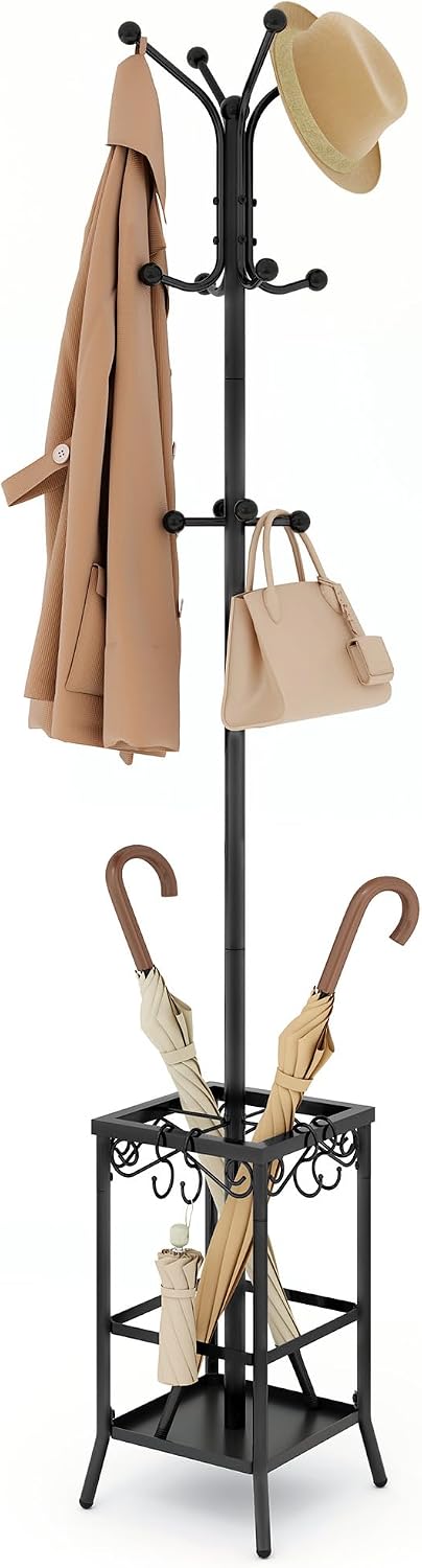 Hoctieon Coat Rack Freestanding, Coat Tree with Umbrella Holder, Metal Coat Rack Stand with 12 Hooks, Standing Coat Hanger Stand, Umbrella Stand for Entryway, Hat Rack Stand for Home Office, Black