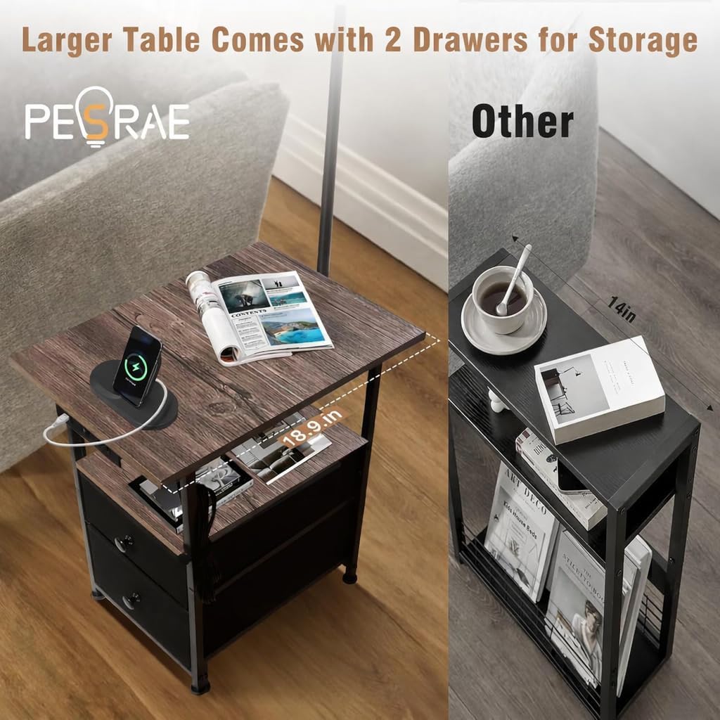 PESRAE Floor Lamp with Table & 2 Drawers, End Table with Lamp, Natural Wood