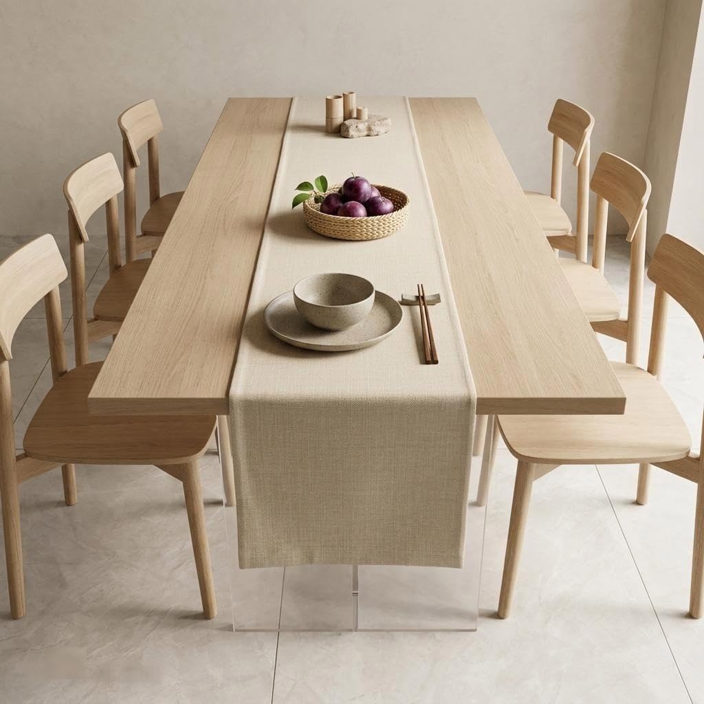 Beige Faux Linen Table Runner Waterproof Elegant Modern Table Decor 72inch