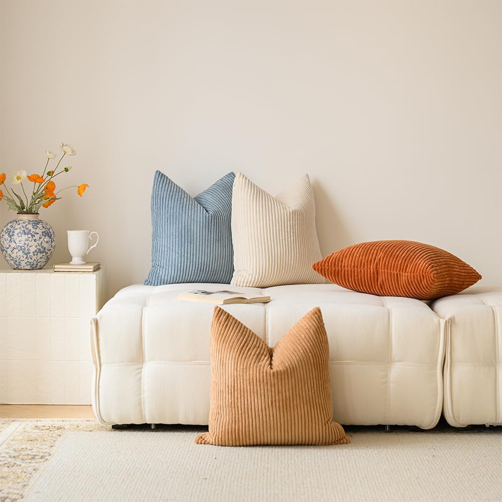 LANANAS Decorative Corduroy Throw Pillow Covers 18x18 Inch Cream-Orange