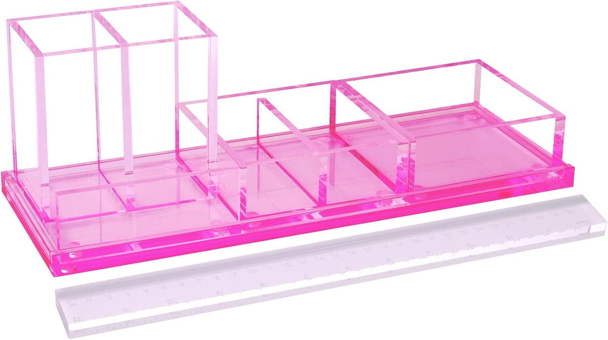 Acrylic Desk Organizer 4-Piece Desk Kit + Free Complimentary Acrylic Ruler, Desktop Organization for Office or Home (Gold)