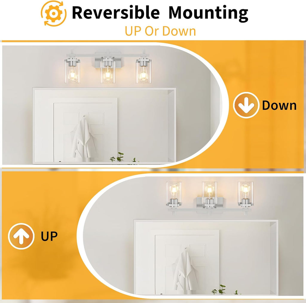 Brushed Nickel Bathroom Light Fixtures, 3-Lights Bathroom Vanity Light with Glass Shades, Modern Vanity Lights for Mirror, Wall Lights for Living Room, Hallway, Cabinet, E26 Base