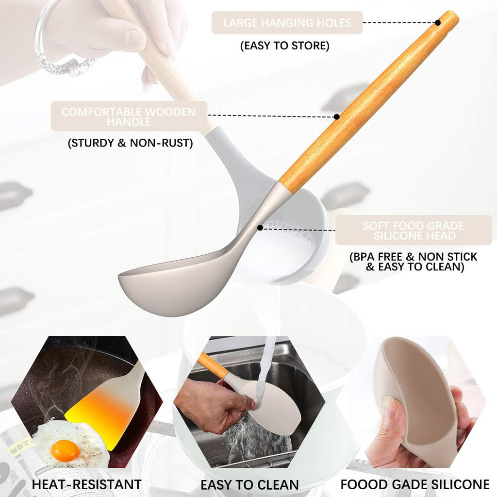 Kitchen Cooking Utensils Set, 26 Pcs Non-stick Silicone Kitchen Utensil Spatula Set with Wooden Handles, Silicone Kitchen Gadgets Utensil Set for Cookware(Khaki)