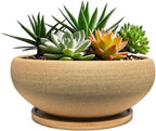 MUZHI 8 inch Round Unglazed Ceramic Bonsai Pot with Bamboo Tray, Shallow Plain Pottery Succulent Planter with Drainage Hole (8”)
