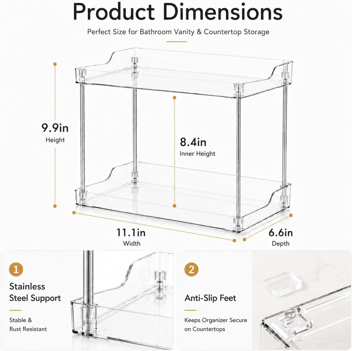 2 Tier Clear Bathroom Counter Organizer, Vanity Organizer for Skincare Makeup Perfume, Multi-Purpose Storage Shelf for Bathroom Kitchen Bedroom