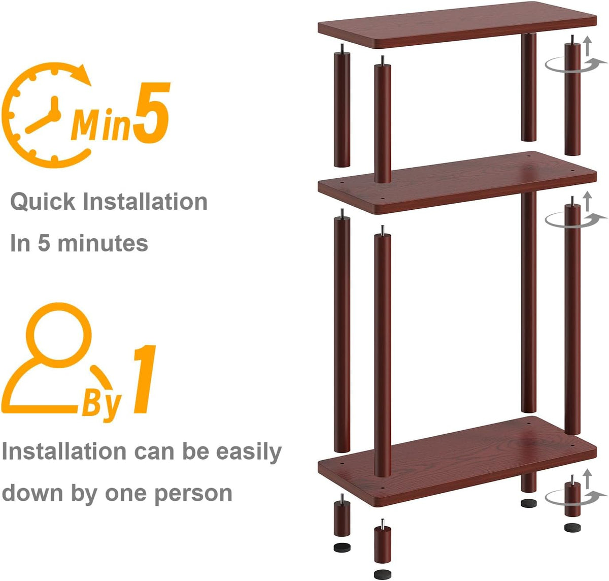Apicizon Small Narrow Side Table, 3-Tier Skinny End Table, Dark Brown