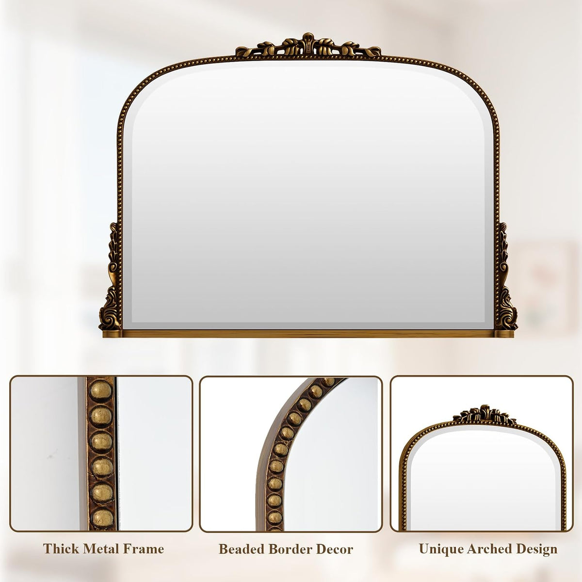 Wall Beaded Mirror, 36 x 27 Inch Round Top Right Angle Wall Mirror, Tempered Glass, Rust Resistant, Horizontally or Vertically Hanging, Gold