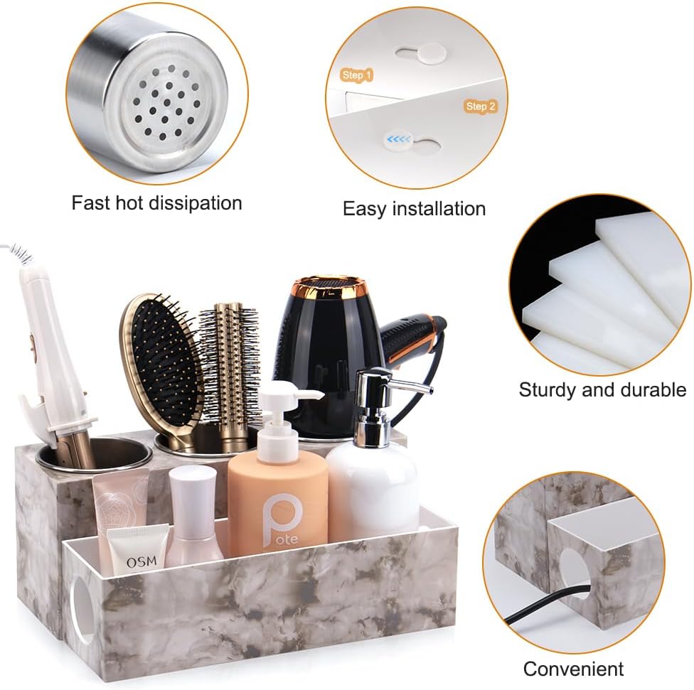 Hot Hair Styling Tool Organizer with 3 Stainless Steel Cups, Marble