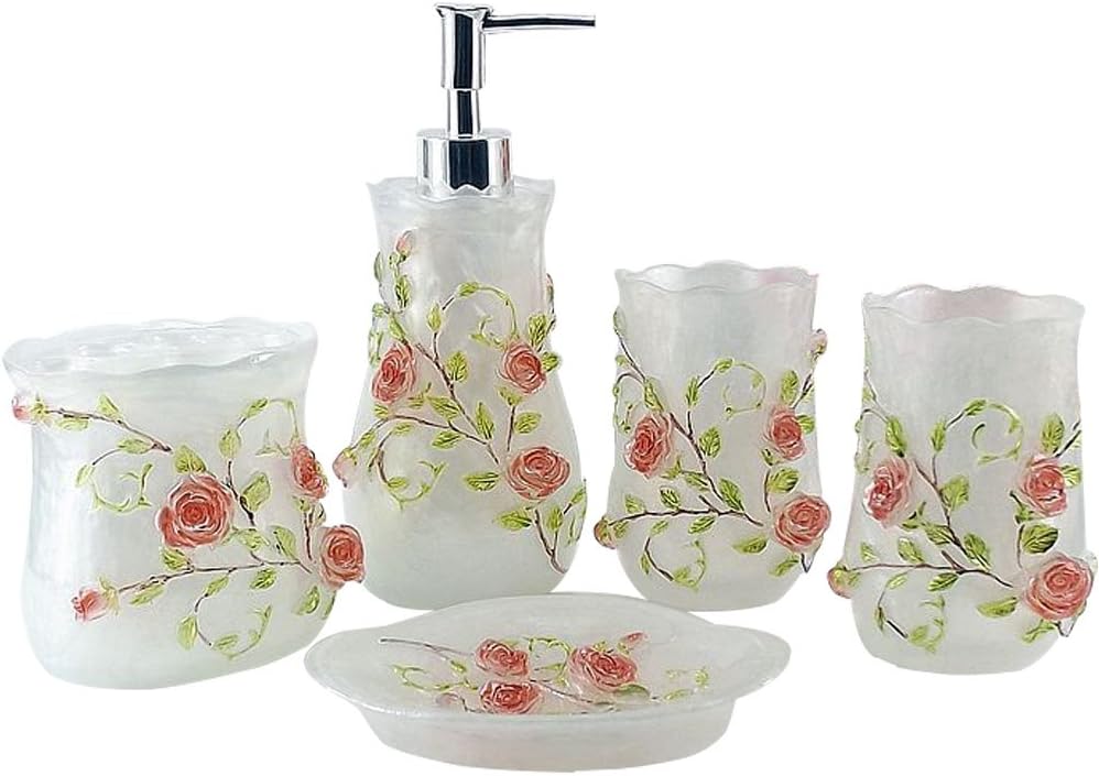 LUANT Resin 3D Roses 5PC Bathroom Accessories Set Soap Dispenser/Toothbrush Holder/Tumbler/Soap Dish (White)