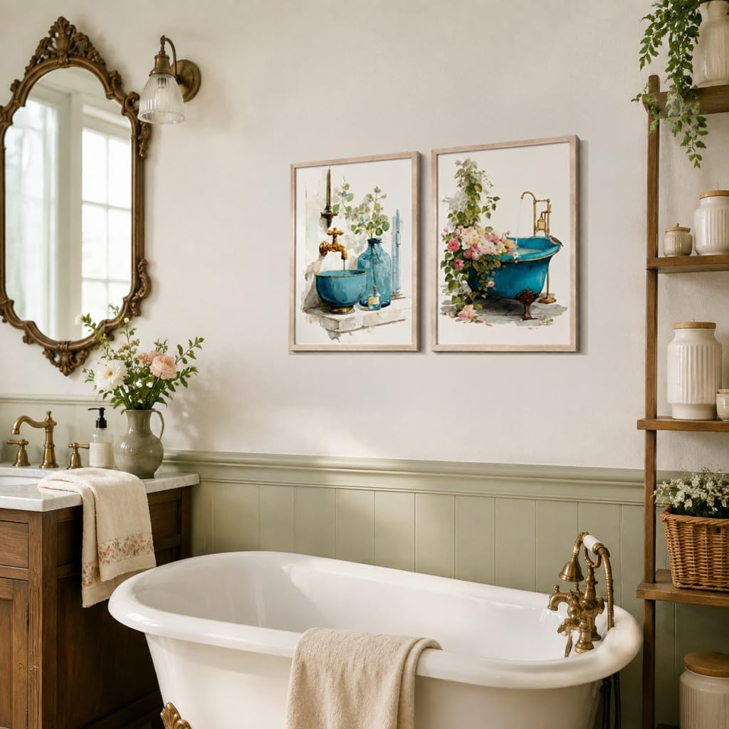 Vintage Bathroom Wall Art Canvas Print Framed Floral Poster Decor 12x16Inch