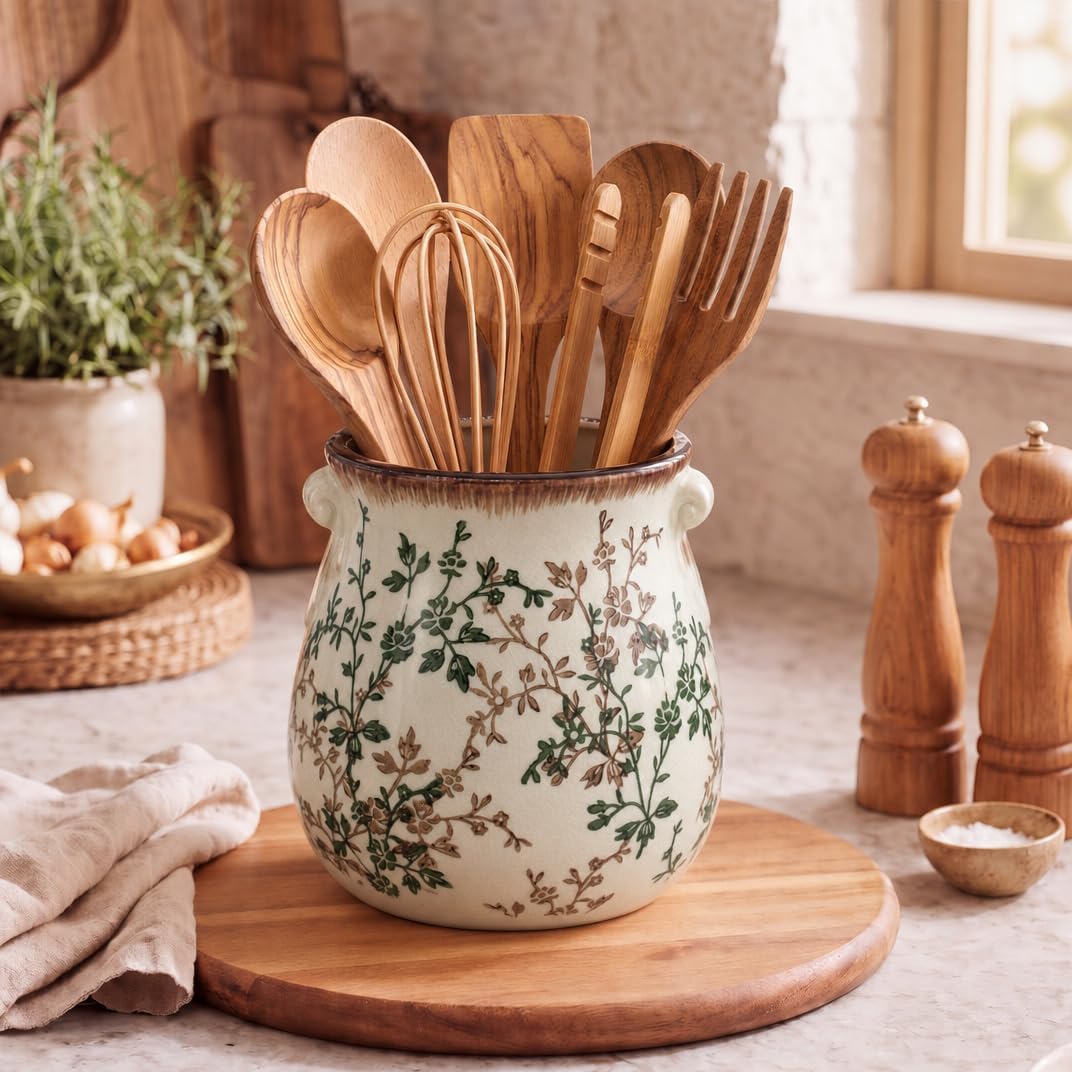 Large Vintage Floral Ceramic Utensil Holder for Kitchen Counter