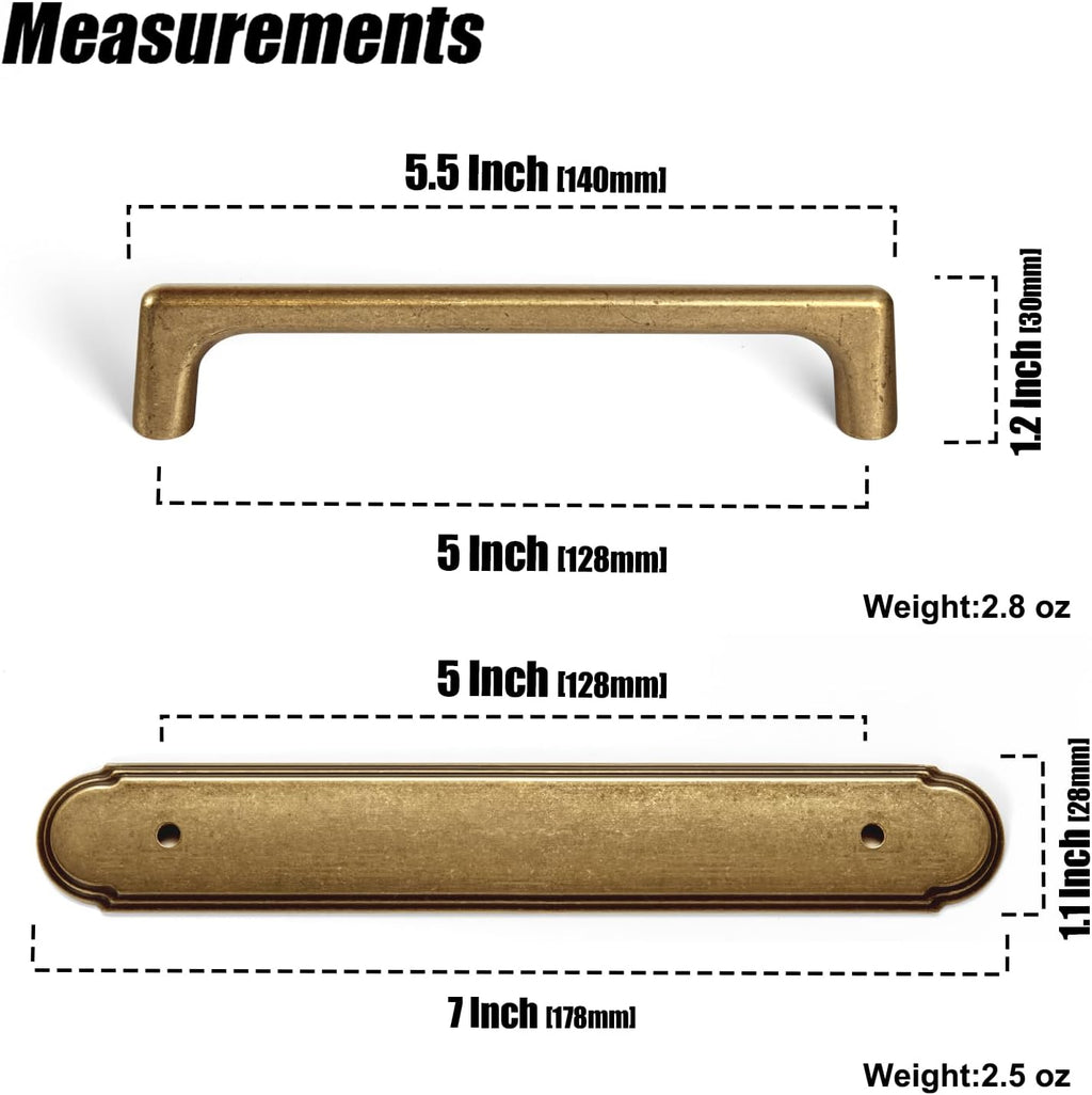 Goo-Ki Antique Brass Cabinet Pulls with Backplate,Zinc Alloy Cabinet Handle with 5''(128MM) Hole Centers 2 Pack
