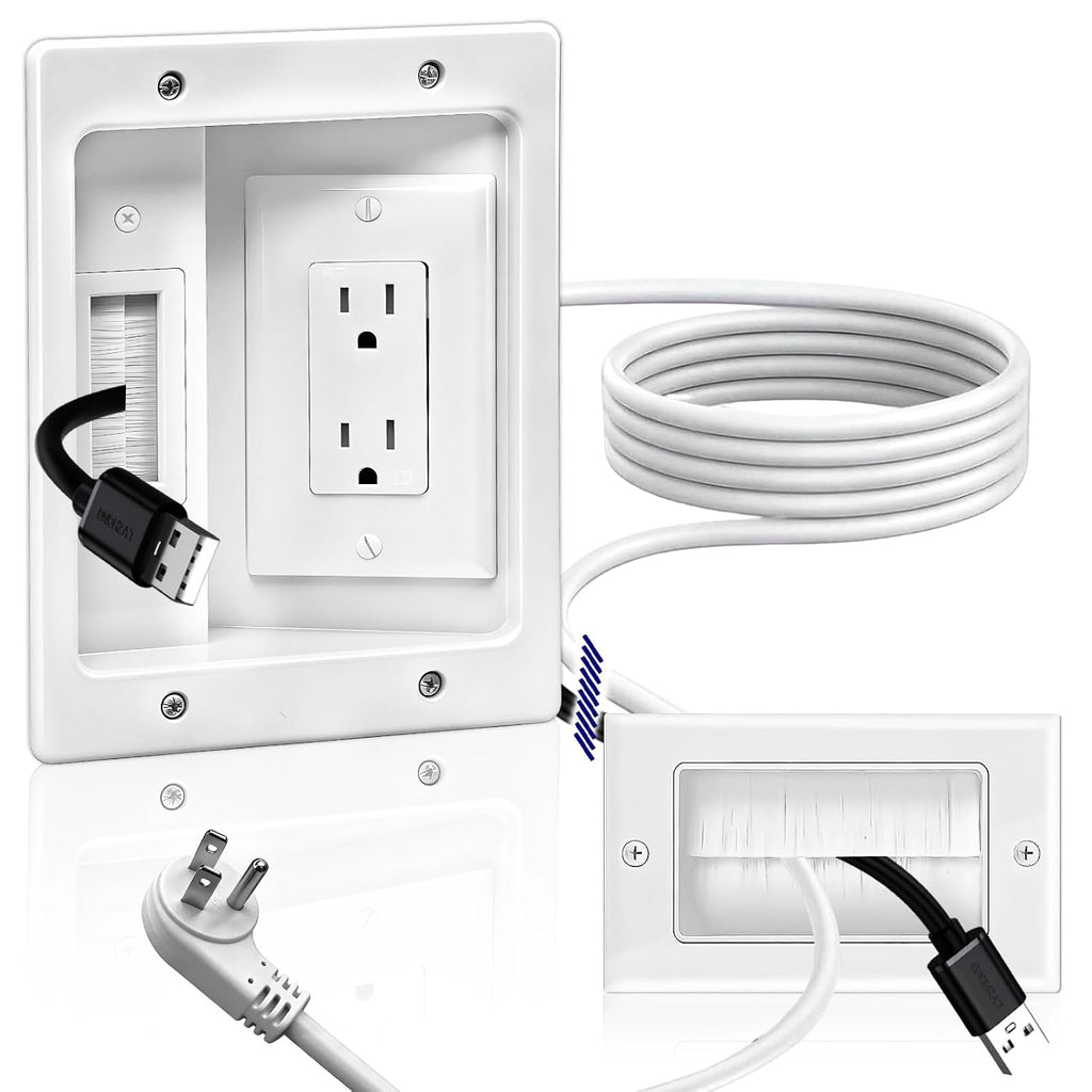 Nearza in Wall Cable Management Kit with Recessed Outlet 9FT Power Cord Fits All Plugs 2 AC Outlets Slim Brush Plate Solution to Hide TV Wires Recessed Outlet Box for wall Mount TV