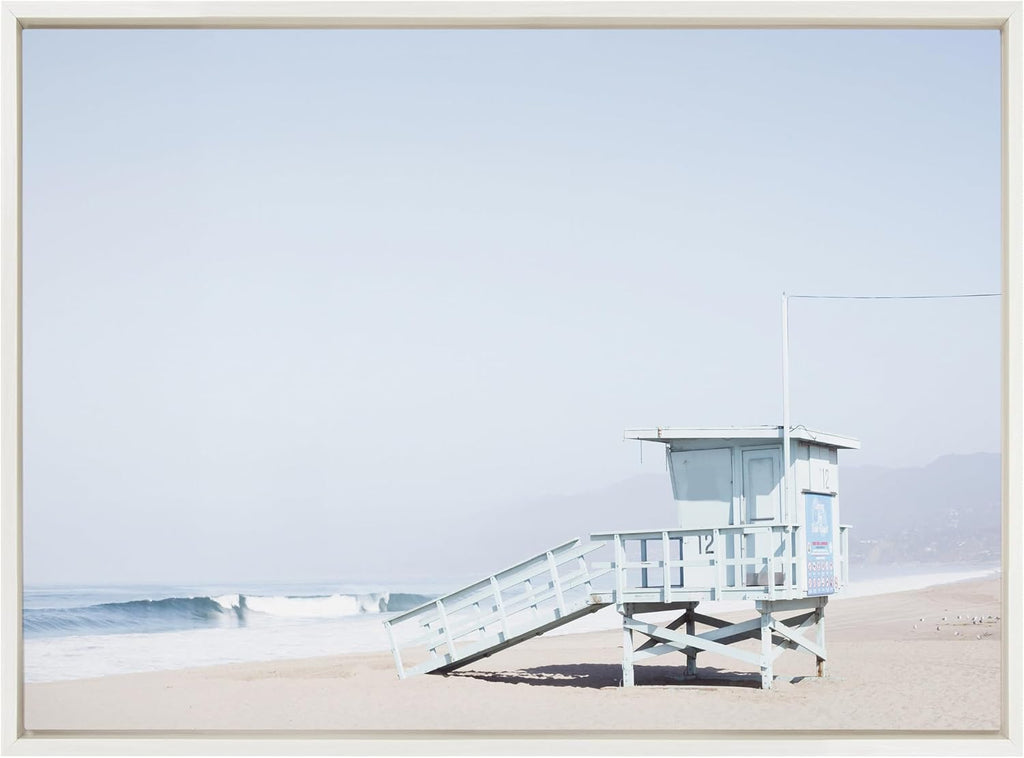 Kate and Laurel Sylvie Pale Blue Life Guard Tower Framed Canvas Wall Art by Caroline Mint, 23x33 Gray, Chic Coastal Wall Decor