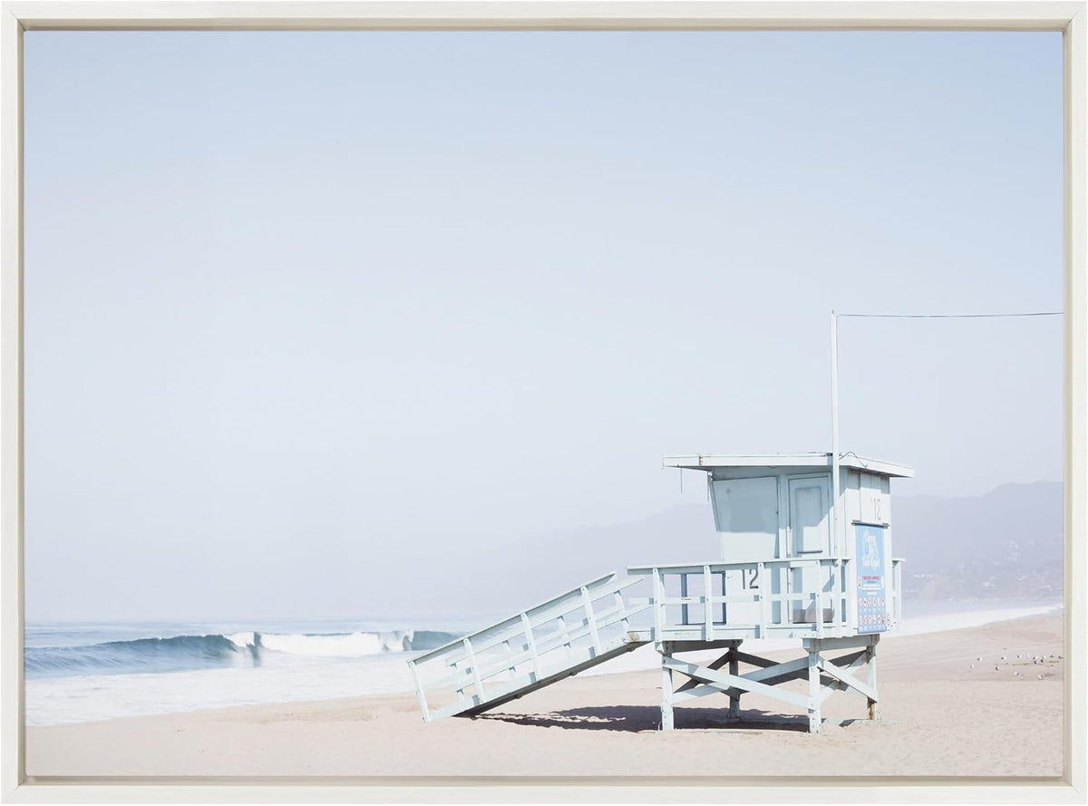 Kate and Laurel Sylvie Pale Blue Life Guard Tower Framed Canvas Wall Art by Caroline Mint, 23x33 Gray, Chic Coastal Wall Decor