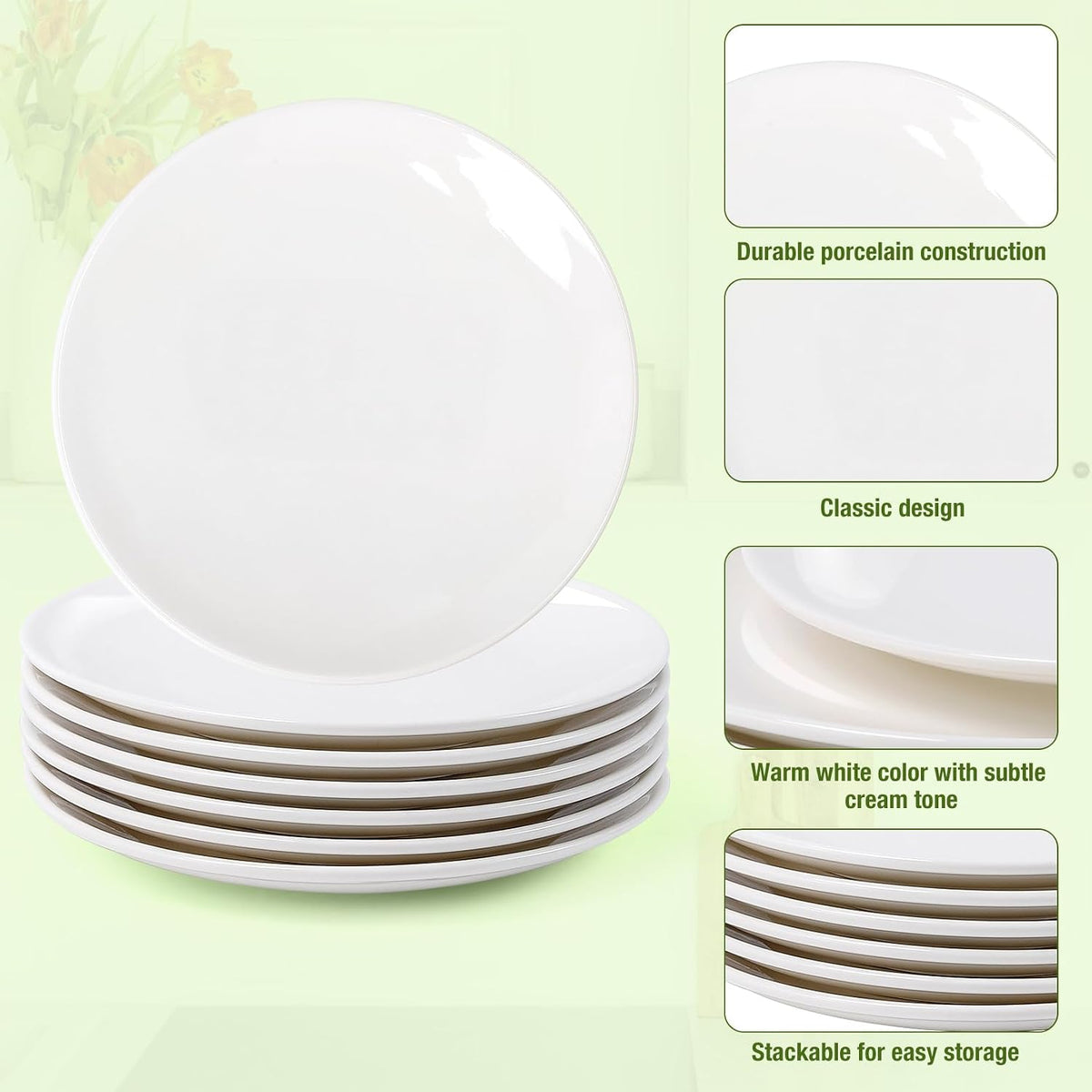 6 Pcs Ceramic Dinner Plates, White Dessert Plates, 8 Inch, Round