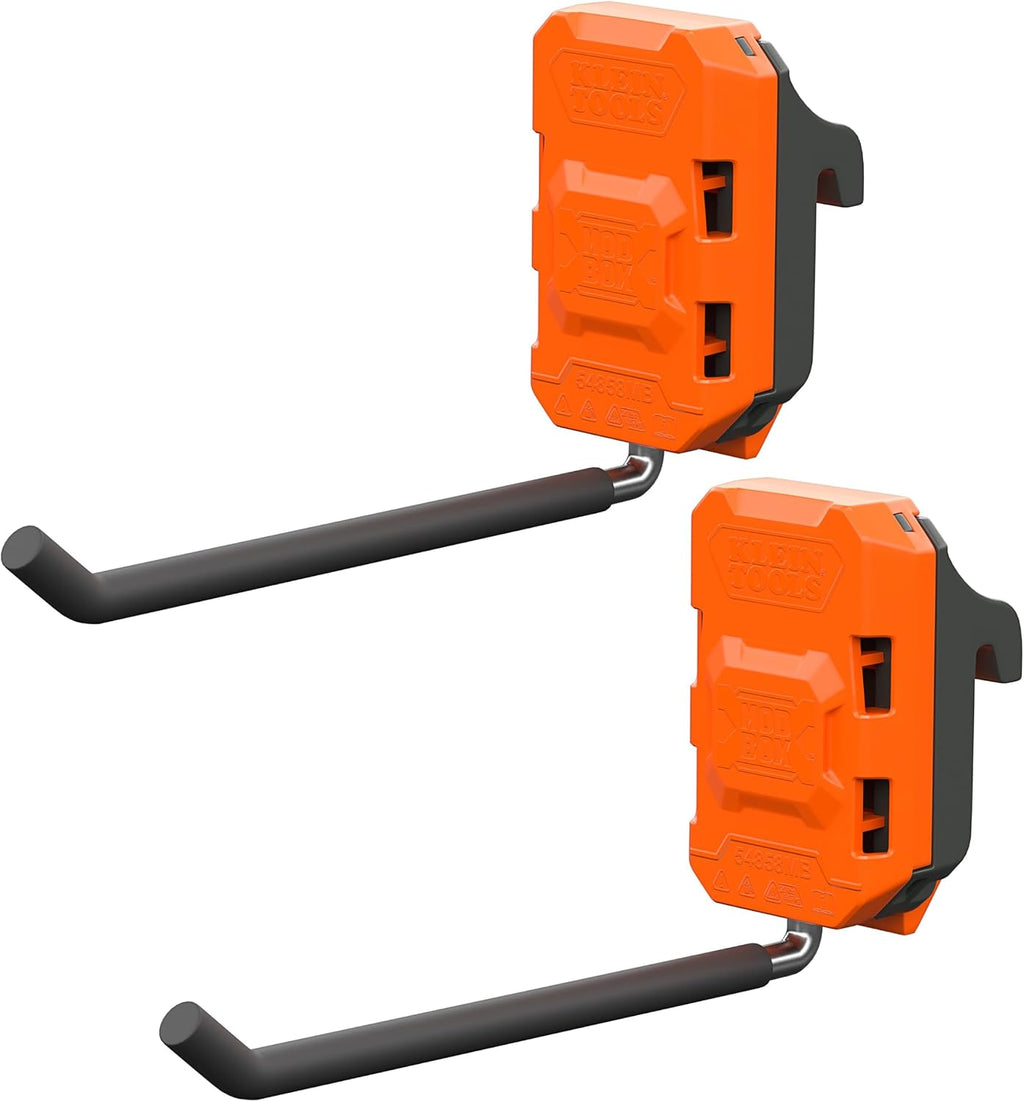 KLEIN TOOLS 54858MB MODbox Long Prong Hook 2-Pack, Modular Wall-Mounted Tool Hangers for Garage, Trailer, and Jobsite Storage, Dual-Use Mounting, Tool-Free MODbox Panel Compatibility