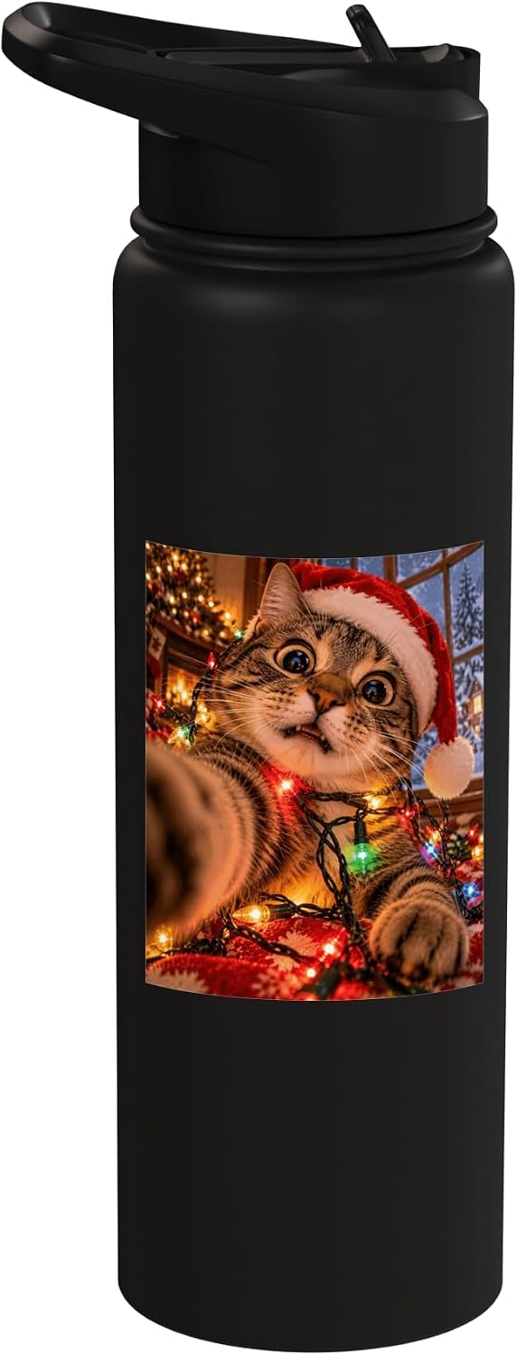 Curious Cat Tangled in Colorful Christmas Tree Fairy Lights Stainless Steel Insulated Water Bottle