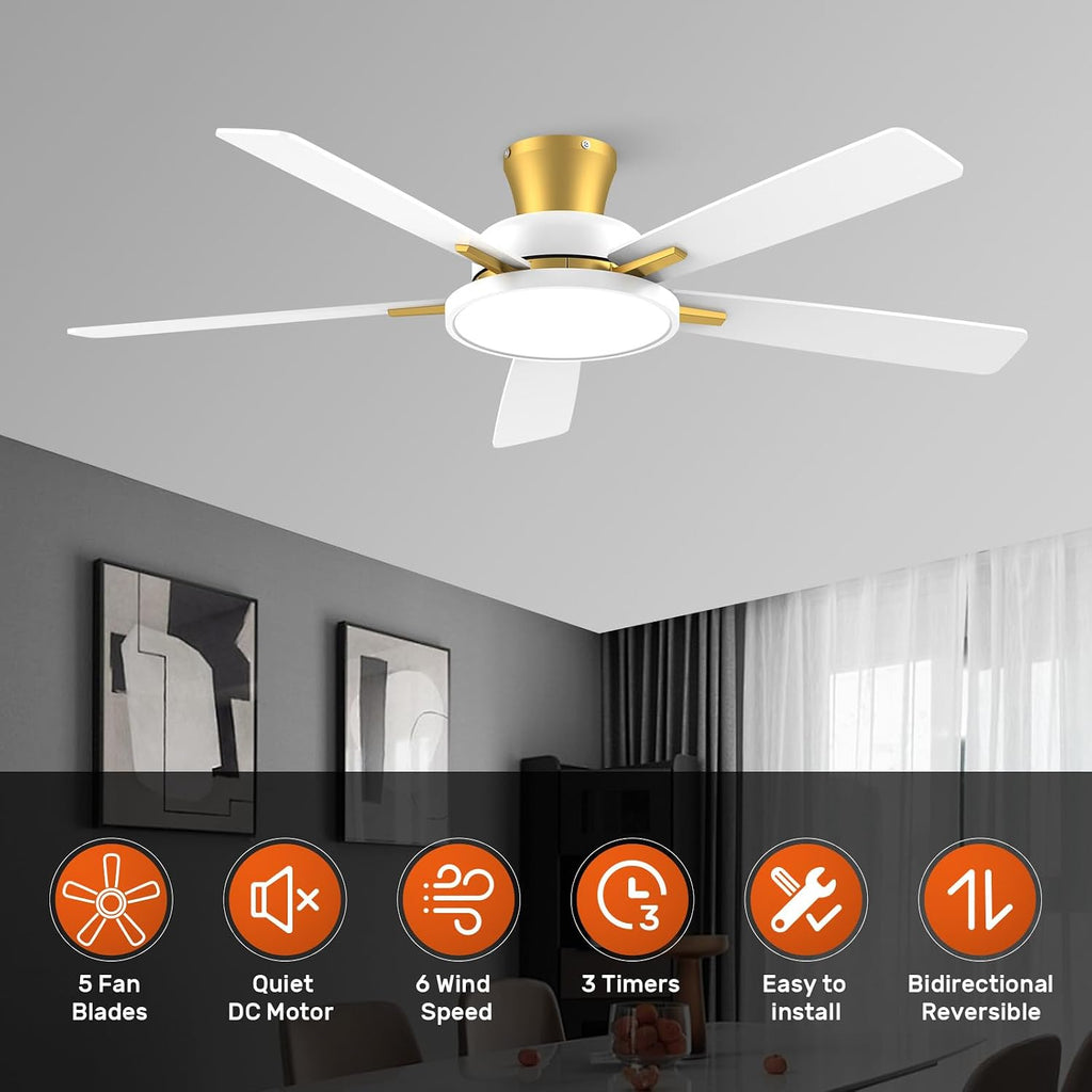 TALOYA 52 inch Ceiling Fans with Lights and Remote, Low Profile, White Gold